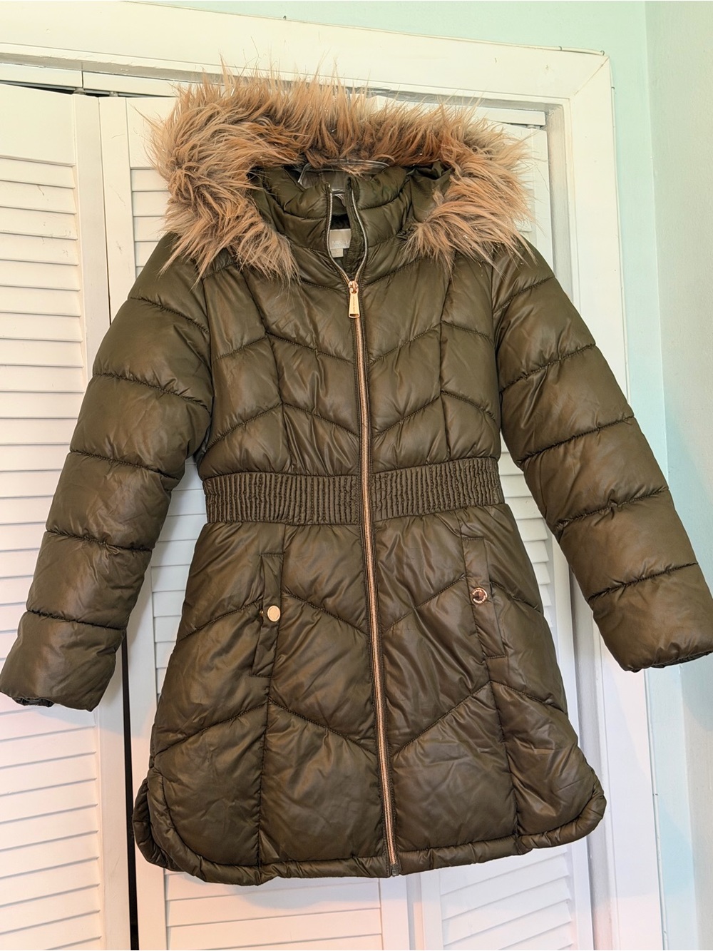 Michael Kors Girls' Olive Green Puffer Coat with Detachable Faux Fur Hood